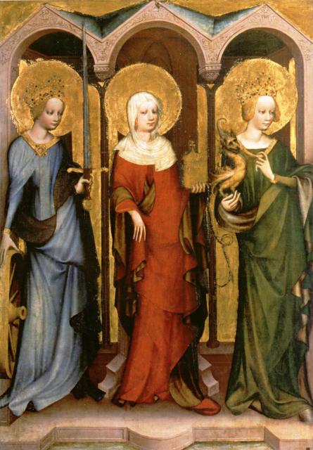 Mistr Třeboňského oltáře: sv. Kateřina, sv. Magdaléna a sv. Markéta, kol. 1380 - výrazné barvy, podšité pláště spojené ozdobnými sponami, gotický postoj s vystrčenou pánví, kurtoazní gesta (zejm. Markéta má stejné jako Reglindis), typické účesy ze stočených copů