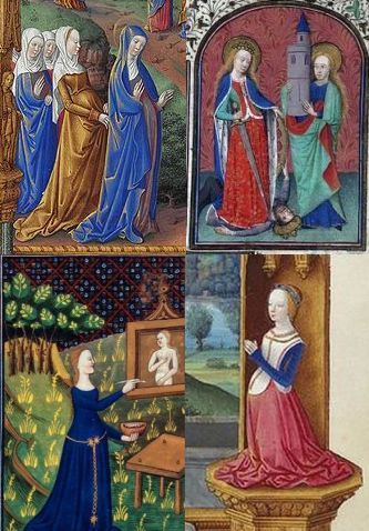 Miniatury ze 14. století (převážně 2. pol.): typiský postoj, vpravo nahoře velmi oblíbená hermelínová podšívka, dole pásek malířky Timarete, vpravo typický cotte a surcotte v kombinacei bílé, modré a červené a obroučka ve vlasech donátorky