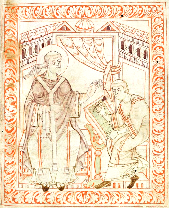 Iluminace zachycuje legendu o vzniku gregoriánského chorálu – Svatý Řehoř Veliký, inspirován slavičím – božským zpěvem, diktuje melodie sv. Kolumbánovi (Antifonář mnicha Hartkera, počátek 11. stol.)
