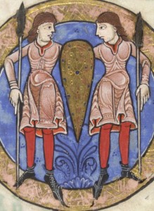 Uherský žaltář, Anglie c. 1170: tuniky dlouhé po kolena s typickým výstřihem, kalhoty a špičaté boty