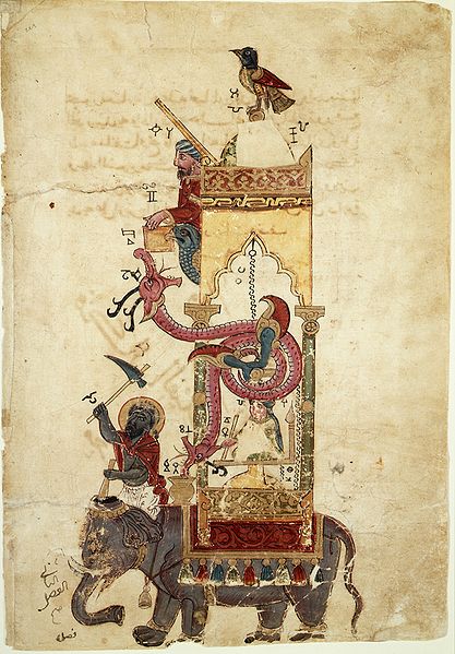 Od sousedů: Mechanické sloní hodiny, které se posouvají po půlhodinách, arabský rukopis 1315 (Al Džazarí).
