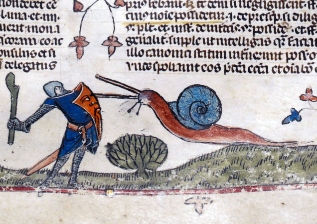 Rytíř bojující se šnekem, středověká iluminace.