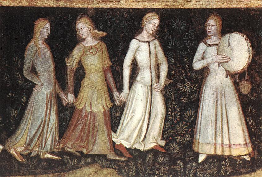 Itálie, 14. stol., panny ve světlých volných šatech