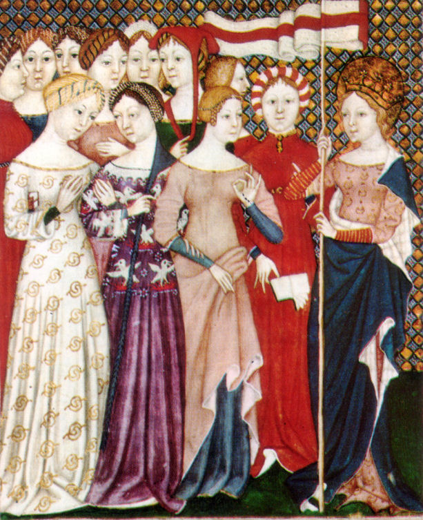 Italský brevíř, kol. 1380 - cotte a surcot, nádherné damašky, oválné výstřihy a typické účesy se stuhami