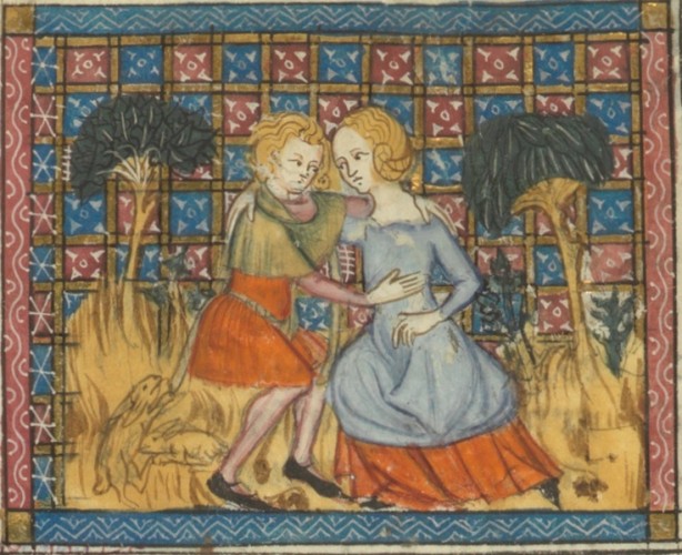 účes středověk Francie, 14. st., stočené copy neprovdané dívky