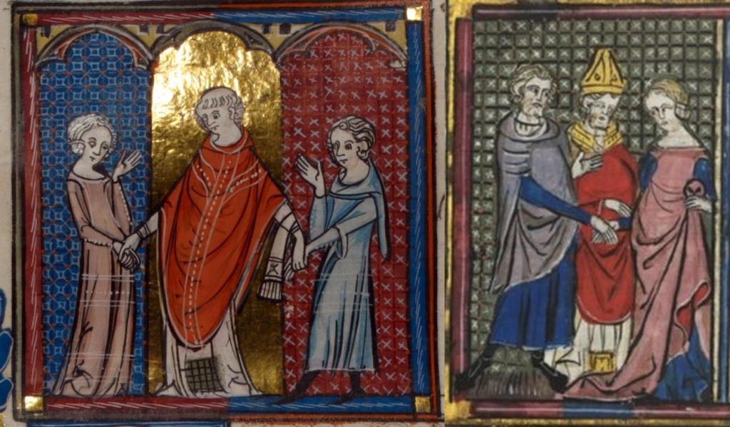 Svatba Codex Manesse - kol. 1325, anglický rukopis, nevěsta v růžovém surkotu s modrým cotte - poč. 14.st.