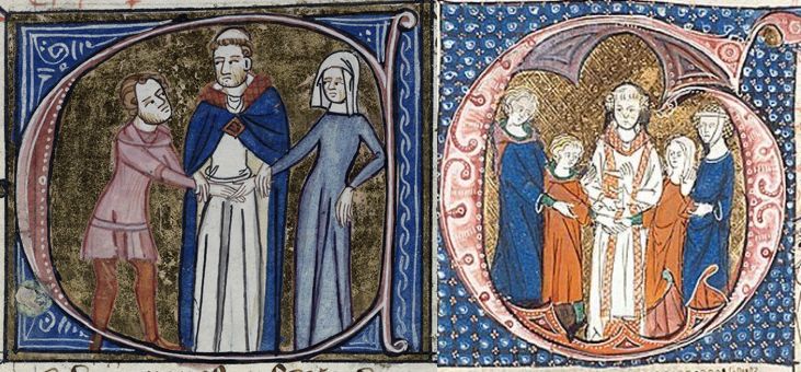 Svatby na středověkých iluminacích-vlevo Omne Bonum (British Library Royal 6 E VI, fol. 286v), c. 1360-1375, vpravo poč. 14.st.