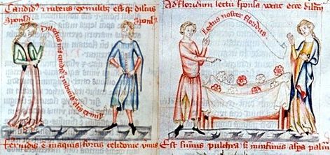 Romantika až na půdu: ženich a nevěsta a ženich a nevěsta u květinového lože, rukopis 1349-51