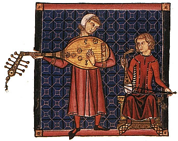 Iluminace z Cantigas de Santa Maria, 1221–1284 - hráč na loutnu a na předchůdce viola da gamba