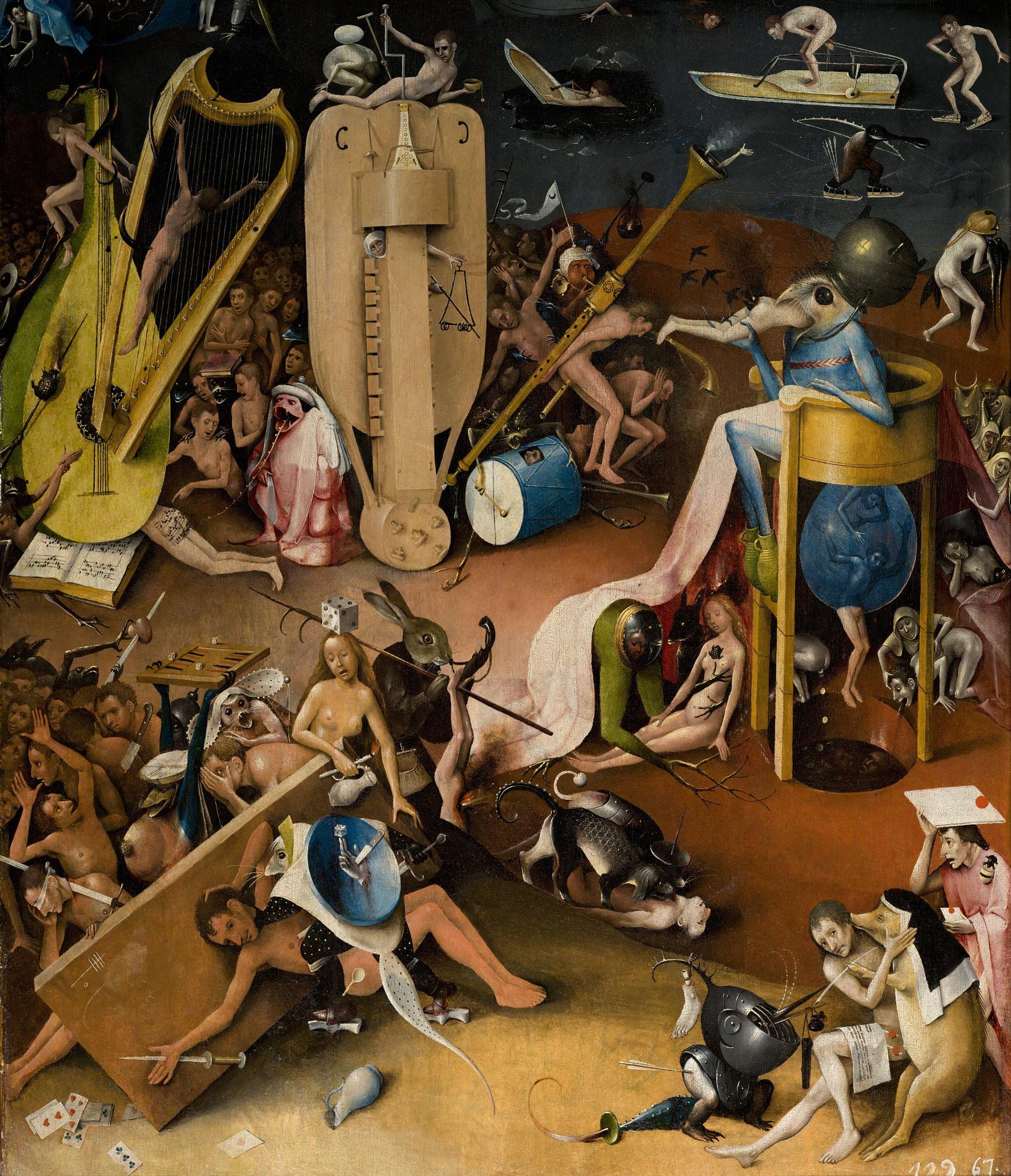 Hieronymus Bosch: niněra a další nástroje v "Pekle", 1500