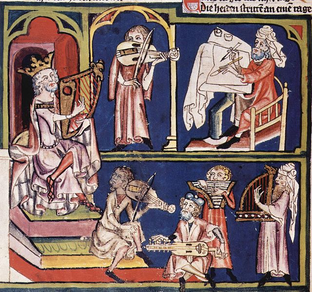 Mistr Kroniky Světa Rudolfa von Ems: hudebnící všeho druhu na dvoře krále Davida, kol. 1340