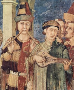 Freska Simone Martiniho - flétnista a hráč na kvinternu, 1322