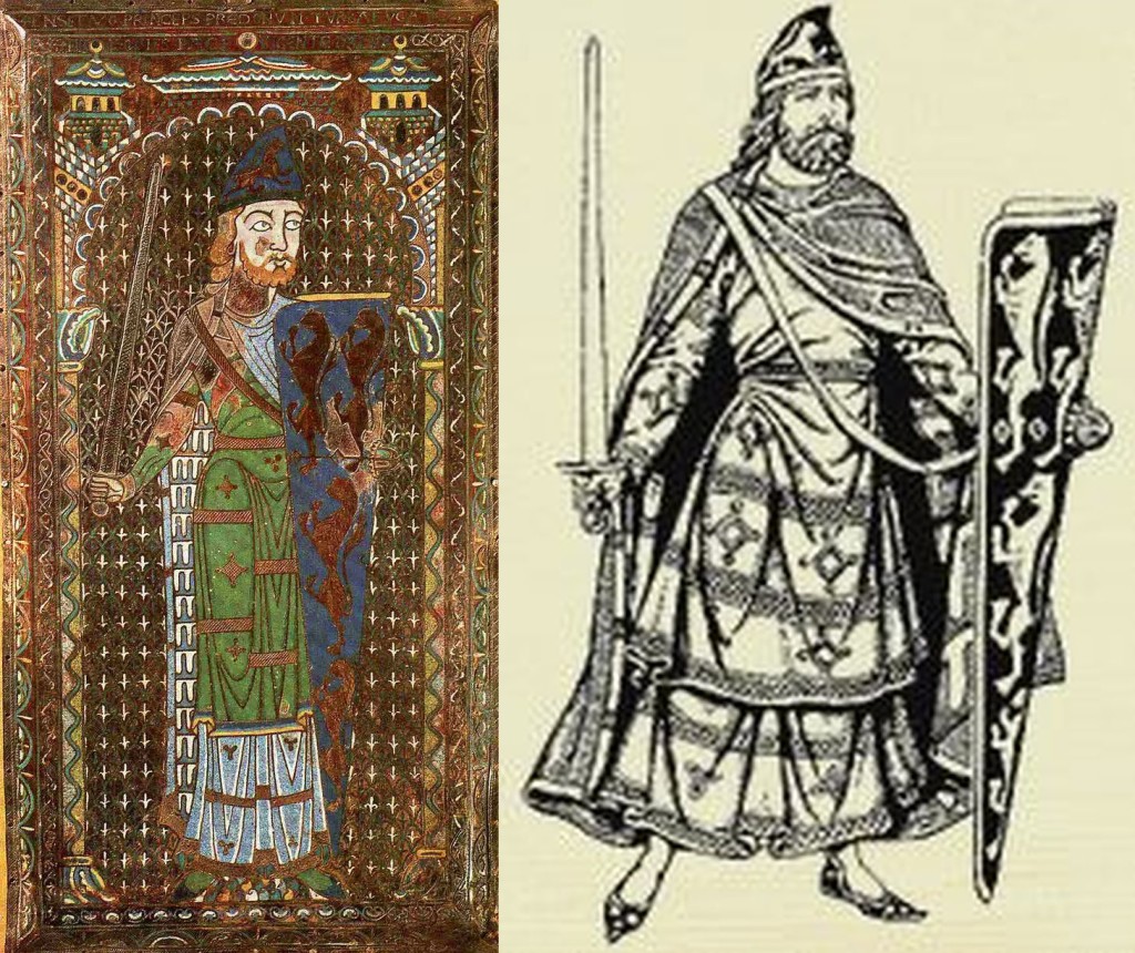 Geoffrey z Anjou, 12.st.: svrchní tunika po lýtka, pod ní dlouhá spodní tunika, štít a čapka zdobená rodovým erbem; obrázek překreslený prostorově