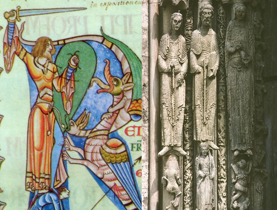 Manuscript Morálií knihy Job, 12.st., Dijon: vyobrazení sv. Jiřího jako noblesního rytíře s delšími vlasy a v bliautu s širokými rukávy přes tuniku s úzkými, všimněte si odvážného rozparku a pásku, který bliaut zpravidla doplňoval; sochy jsou z katedrály v Chartres, 1160: krásně řasené bliauty a typické pásky