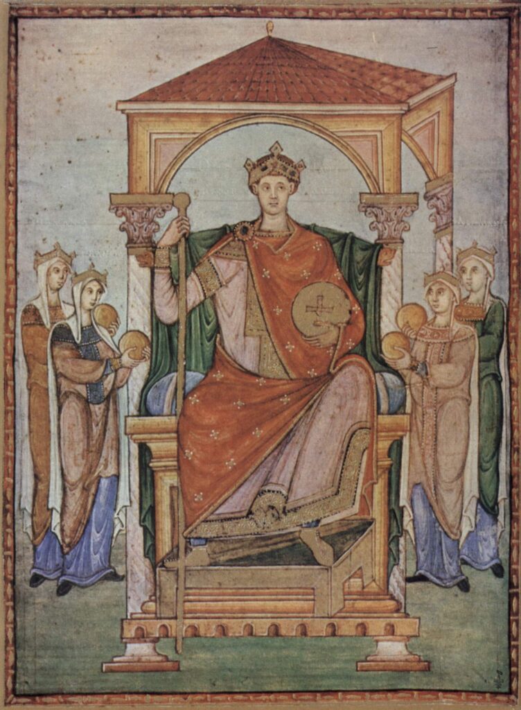 Meister des Registrum Gregorii - Ota II. nebo III. konec 10.st.: tady už je plášť jak se sluší purpurový, způsob, jímž jsou oba císaři zpodobněni není náhodný - frontálně a na tomto obrázku dokonce s tzv. "císařským kolenem" (lehce zvednutým), to je pozice vyhraněná Kristu-soudci a císařům
