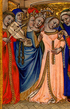 italské šaty volnějšího střihu s pachy a lemováním, ženy s copy, korunkami a vínky, cca 1350