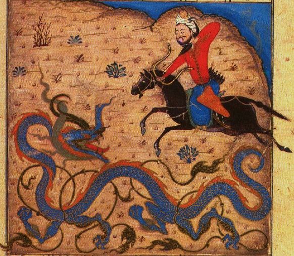 Bahram Gur zabíjí draka, Kniha králů, 1371, čínská inspirace