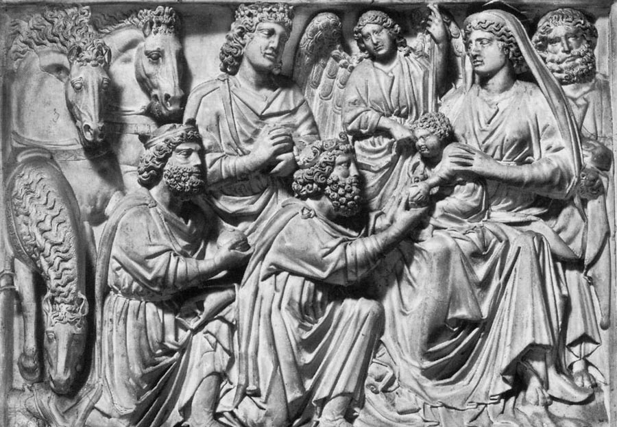 Nicola Pisano: Klanění tří králů, reliéf na kazatelně v baptisteriu v Pise, pol. 13.st.